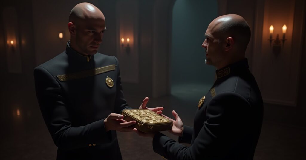 A Romulan commander receiving Seals of Loyalty from a starship captain in Star Trek Fleet Command