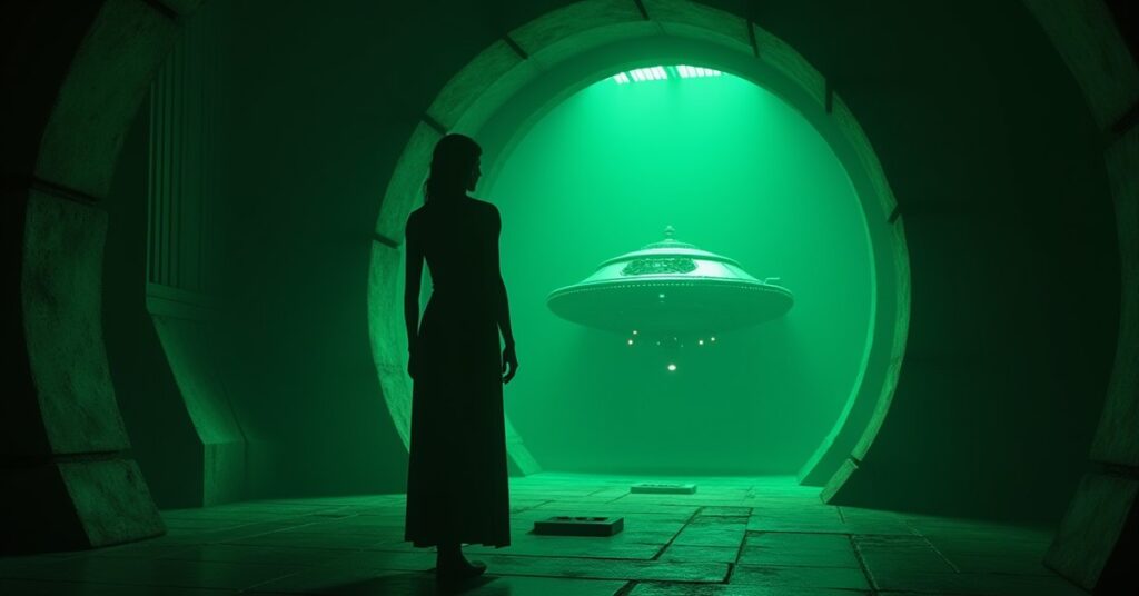 A Romulan woman stands in a secret green-lit archive as a guard ship patrols outside