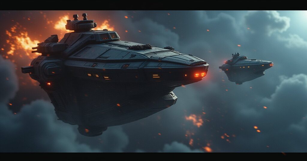 An Augment mercenary ship attacking a space station in Star Trek Fleet Command