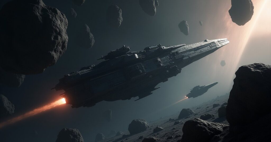 A raider ship lurking among asteroids and stalking a mining vessel in Star Trek Fleet Command