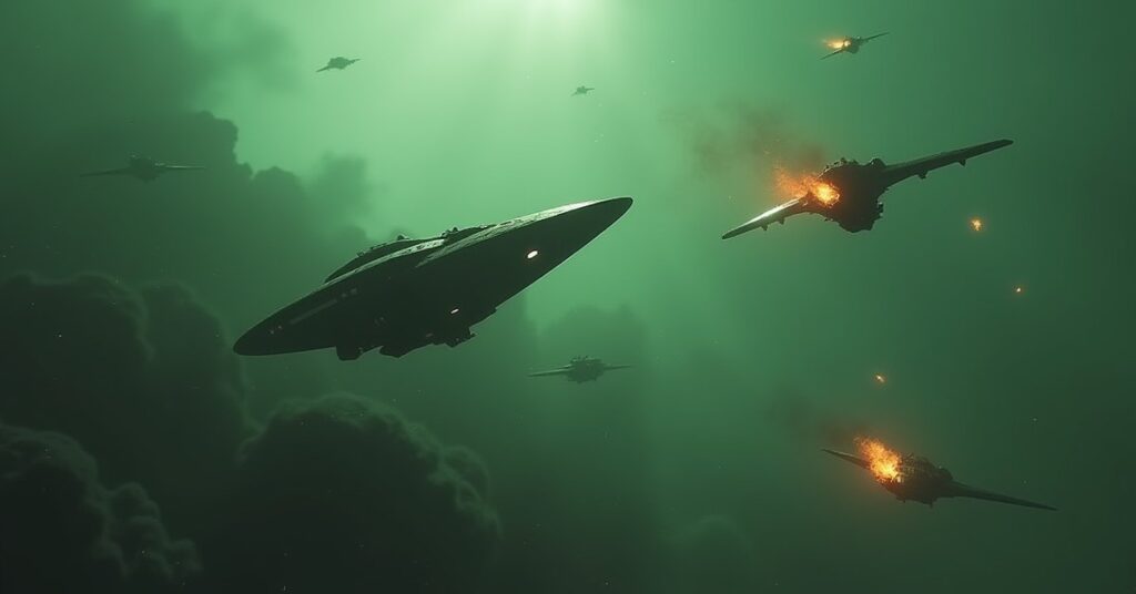 A starship facing a Romulan warbird over a green planet in Star Trek Fleet Command