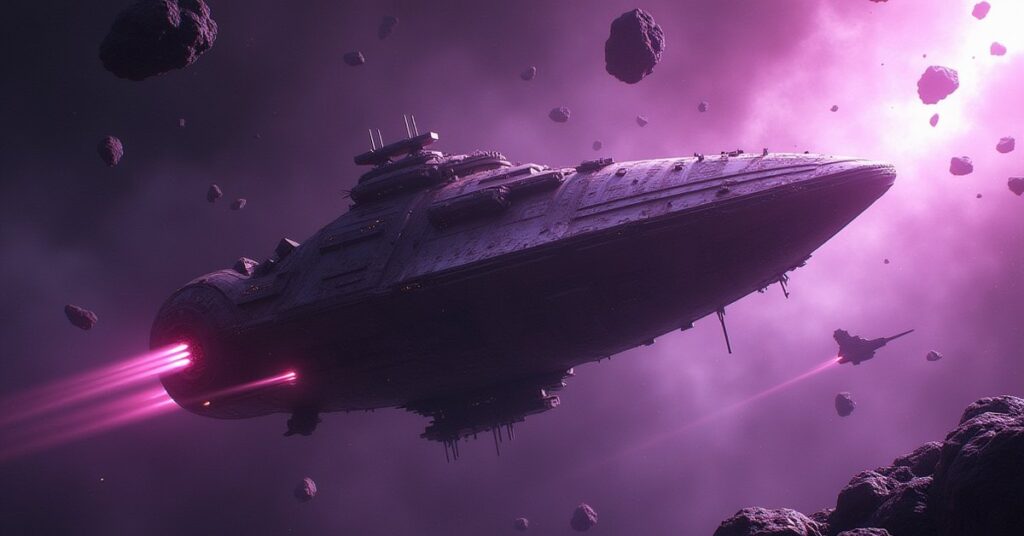 A battered Starfleet mining ship among glittering asteroids and floating mines, escorted by another starship