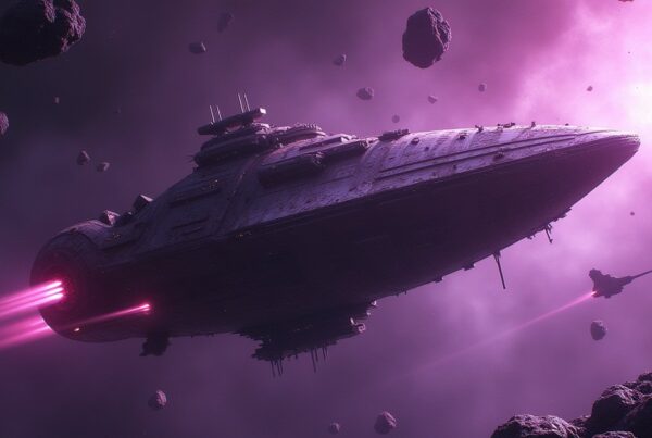 A battered Starfleet mining ship among glittering asteroids and floating mines, escorted by another starship