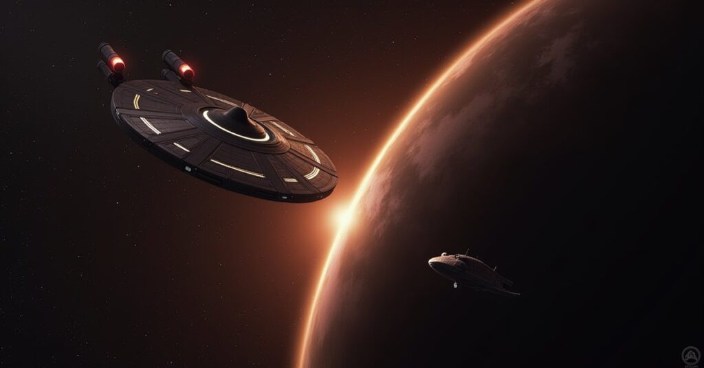 Deep Space 9 above Bajor as a player starship turns to confront an unmarked vessel at the system edge
