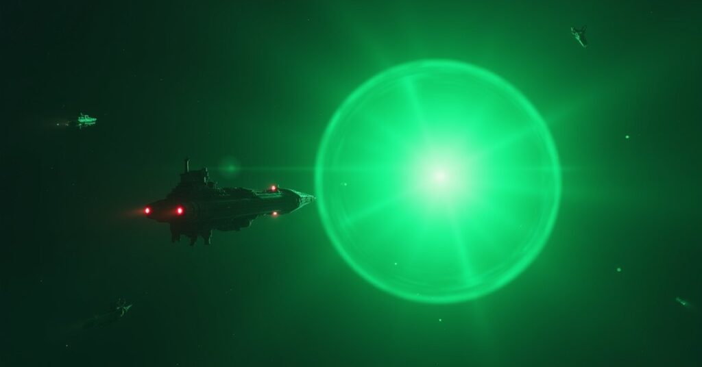 A small starship scanning a glowing signal near a green planet in Star Trek Fleet Command