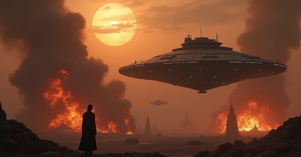 A Klingon ship over a bombed-out outpost as a mercenary ship flees in Star Trek Fleet Command