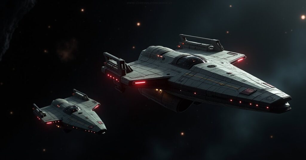 A Romulan warbird and escort hunting a Suliban ship through a dark rocky system in Star Trek Fleet Command