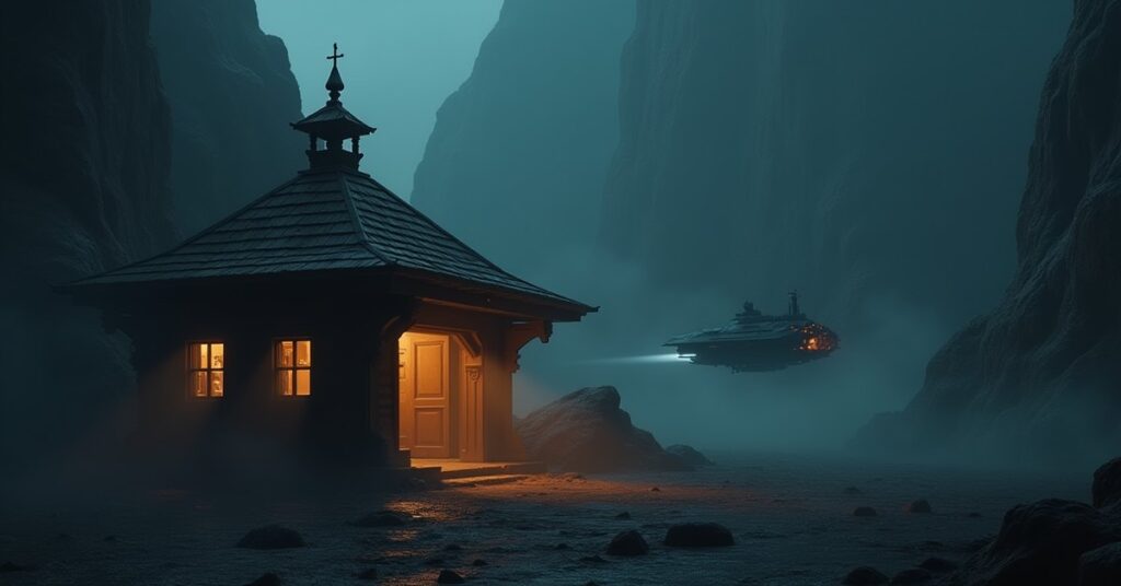 A small starship docking at a hazy trading post to hand over data in Star Trek Fleet Command