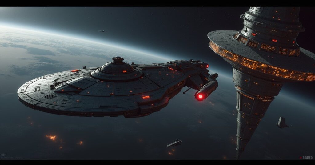 A Klingon warship fighting a Starfleet battleship beside a starbase in Star Trek Fleet Command