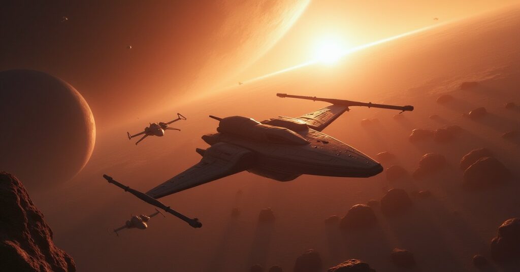 Maverick ships hiding in an asteroid field as an Orion flagship arrives, with a temporal shimmer across space