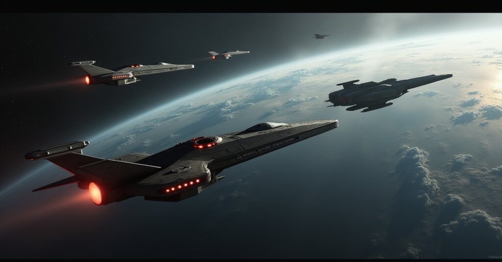 A starship facing a line of Romulan warbirds blockading a Vulcan world in Star Trek Fleet Command