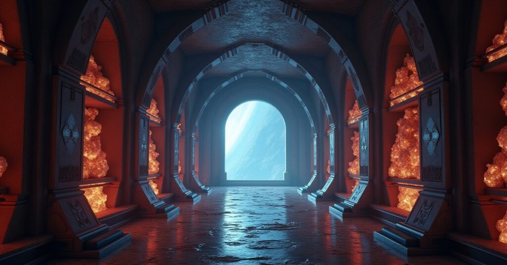 An ancient alien archive hall filled with glowing memory crystals and a starship beyond the window