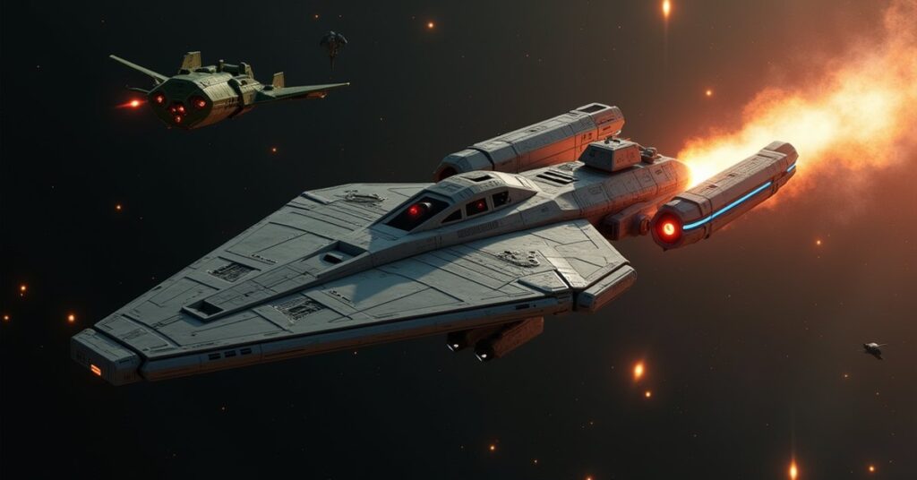 A Federation starship bombarding a Romulan base from orbit in Star Trek Fleet Command