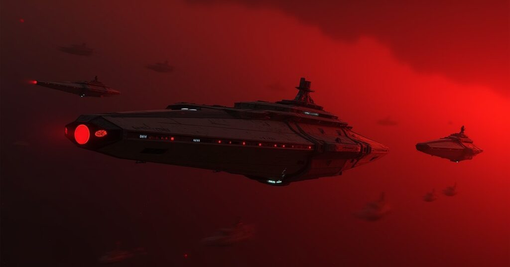 A Klingon cargo cruiser approaching the homeworld Kronos with escorts in Star Trek Fleet Command