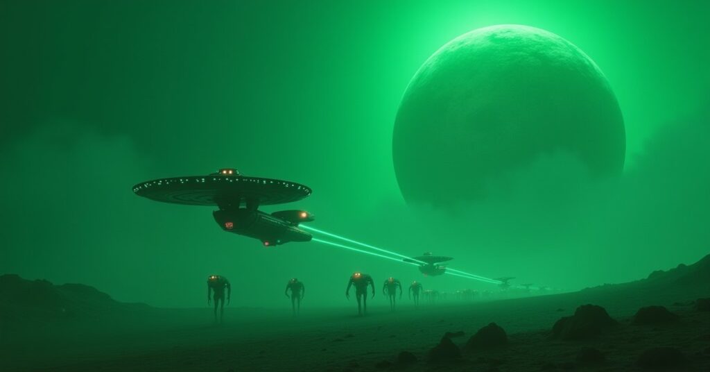A starship escorting Romulan refugee ships toward a green planet in Star Trek Fleet Command