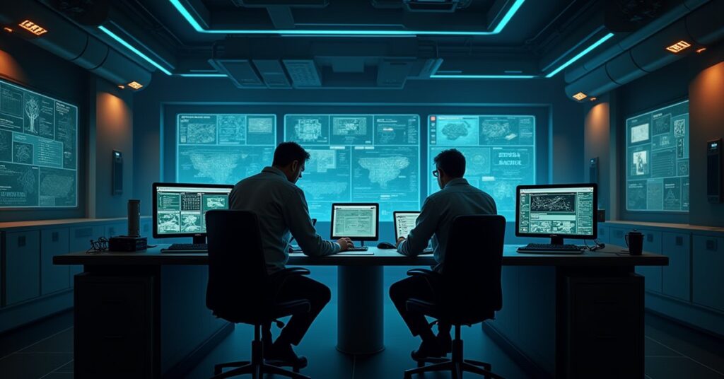 Engineers work late on a dim space station operations deck with schematics glowing on screens