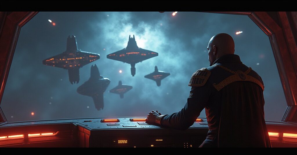 A Klingon general watches House Sov ships battle Surgewalkers in Star Trek Fleet Command