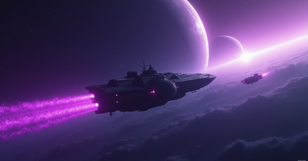 An Augment ship approaching a research vessel trailing purple particles in Star Trek Fleet Command