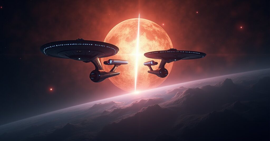 Two mirrored Enterprise starships facing each other across a glowing dimensional rift above a planet