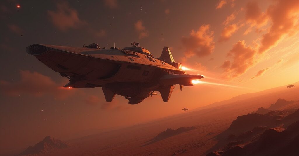 A bounty hunter ship caught in an ambush above a barren world in Star Trek Fleet Command