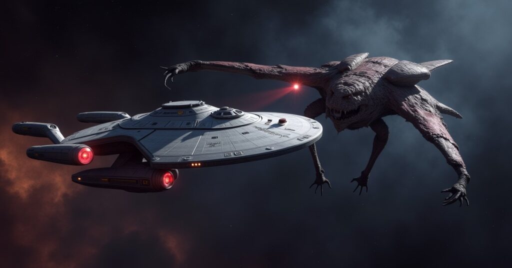 A Starfleet ship disabling a Romulan Bird-of-Prey next to a damaged Federation vessel in Star Trek Fleet Command