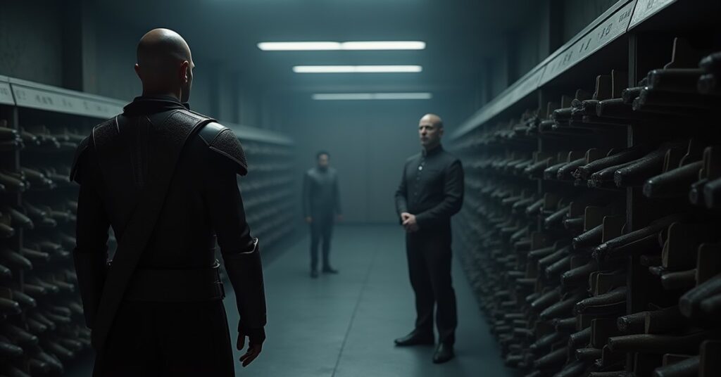 A Klingon quartermaster in an armory with empty weapon racks in Star Trek Fleet Command