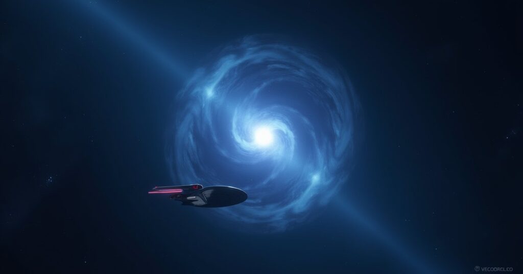 Star Trek Fleet Command ship approaching a glowing signal at the Vacuum Epicenter in deep space