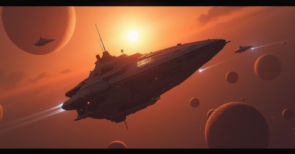 A small starship defending cargo haulers from pirate ships near a starbase in Star Trek Fleet Command