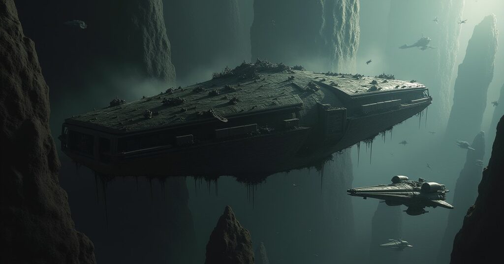 A derelict Borg probe in an asteroid field with a scavenger ship nearby in Star Trek Fleet Command