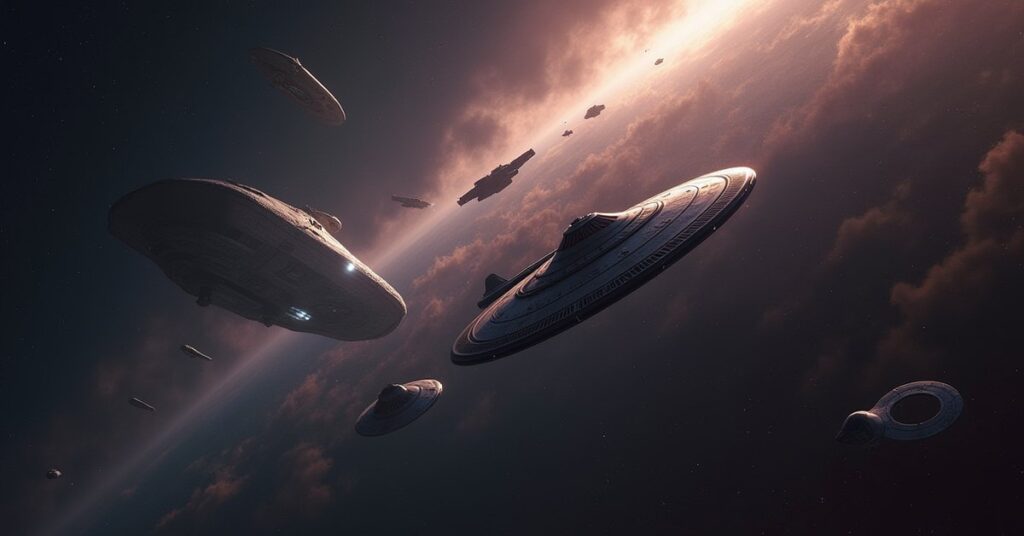 A starship slipping past Klingon warships as it escapes Klingon space in Star Trek Fleet Command
