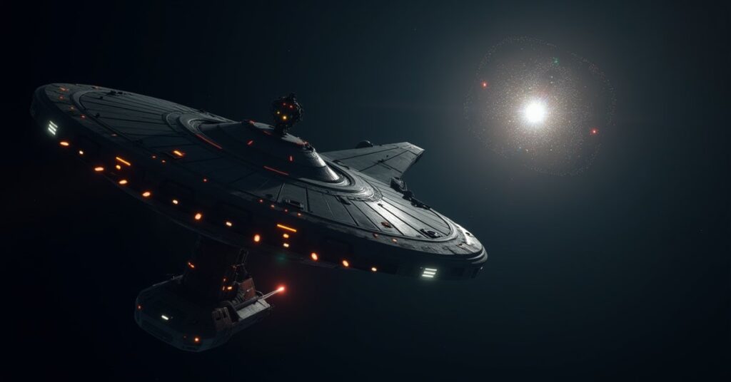 A starship approaching an orbital data hub as a hostile drone appears in Star Trek Fleet Command