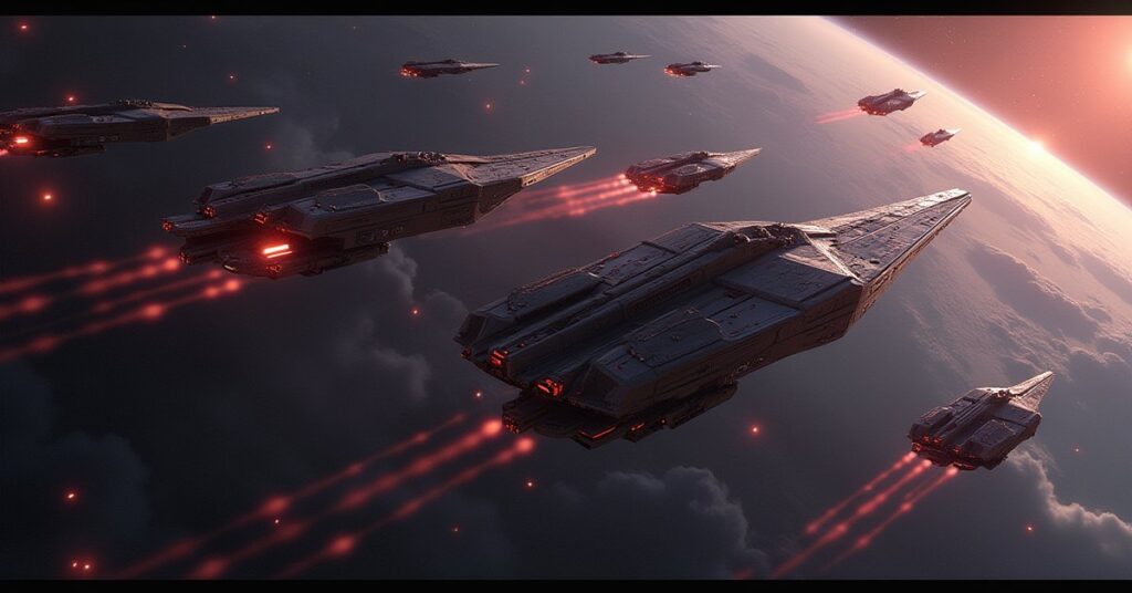 A Corvallen assault fleet attacking Klingon cruisers over a planet in Star Trek Fleet Command