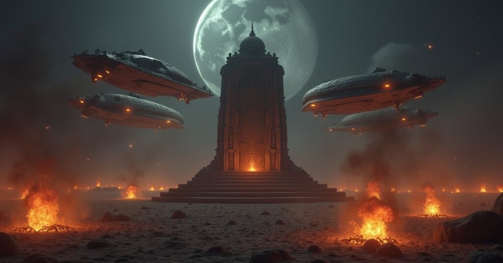 House Sov Klingon warships in solemn formation around a stone tomb on a barren moon