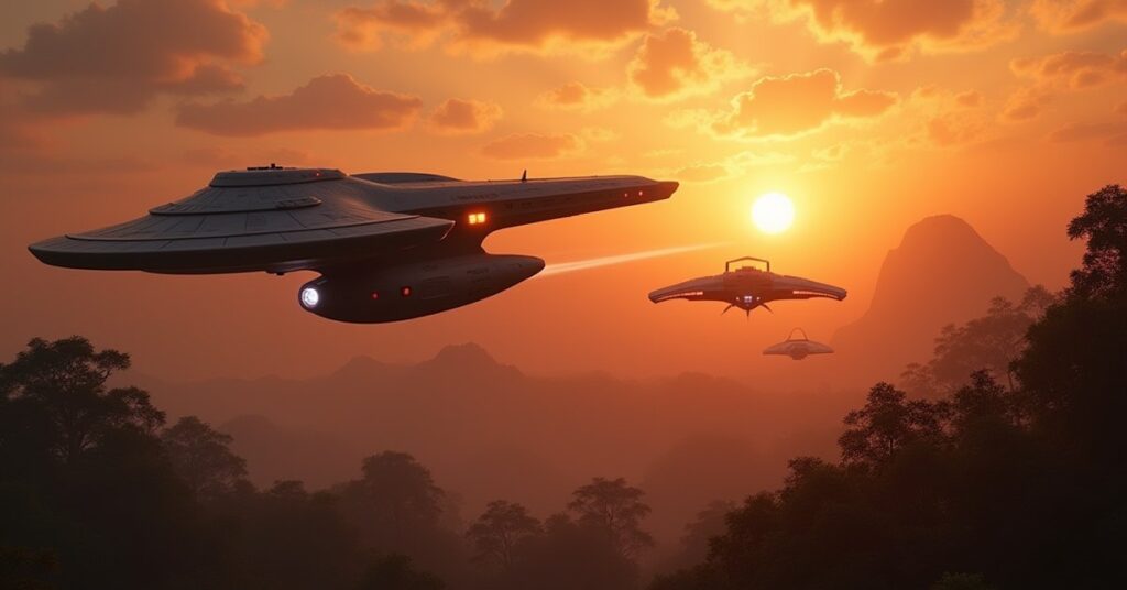 The Enterprise facing rogue Klingon ships above a jungle planet