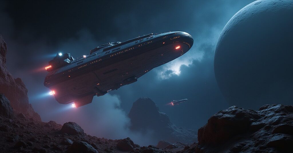 A survey ship mining glowing crystals near a Vulcan colony world in Star Trek Fleet Command