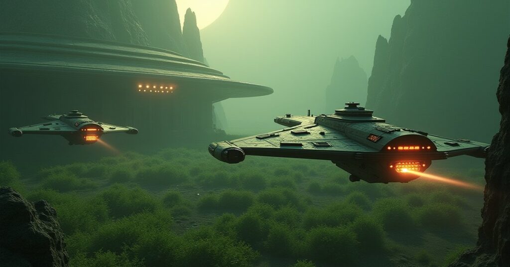 A Romulan ship facing Starfleet vessels outside a research lab in Star Trek Fleet Command