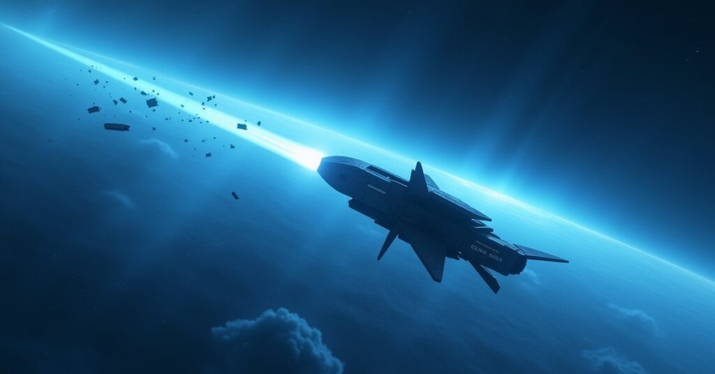 A starship scanning wreckage along a fading warp trail near a nebula in Star Trek Fleet Command