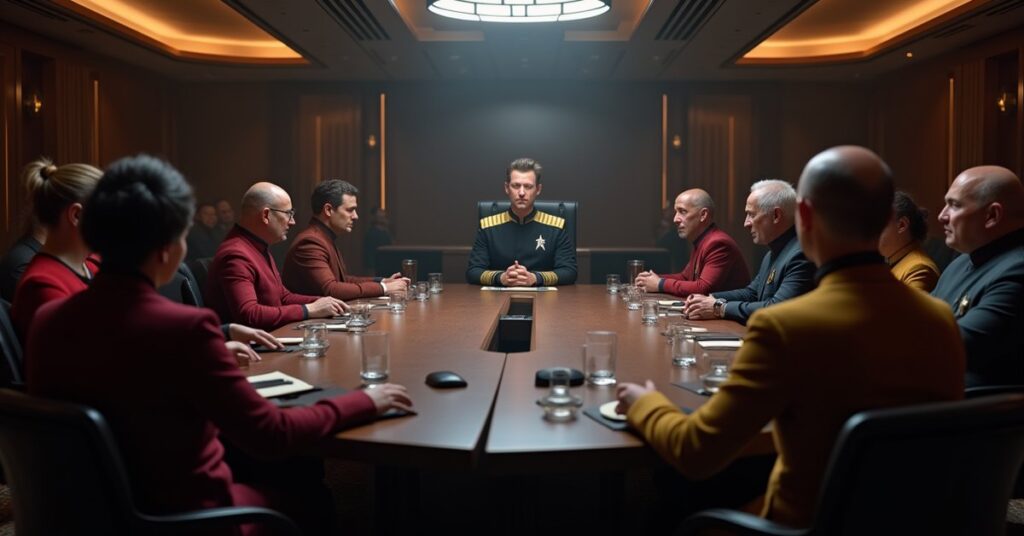 A starship captain meeting Klingon, Romulan and Federation envoys at a conference table in Star Trek Fleet Command