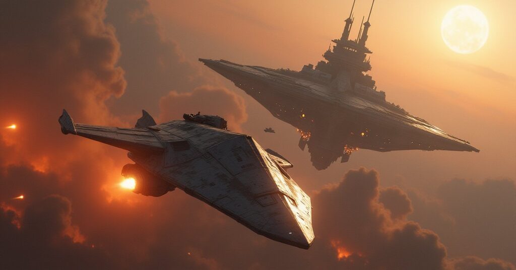 A starship escorting a rogue shuttle past an Orion Syndicate fortress in Star Trek Fleet Command