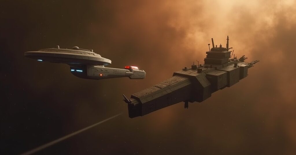 A starship shielding a battered freighter from an Augment warship in Star Trek Fleet Command