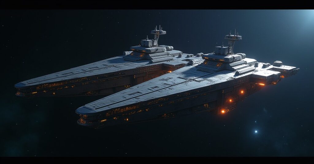 Two starships docked side by side at a space station in Star Trek Fleet Command