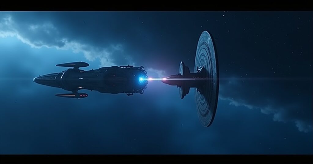 A Federation starship disabling a rogue Starfleet vessel with a tractor beam in Star Trek Fleet Command