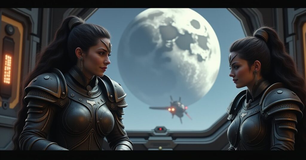 The Duras sisters appear on a viewscreen as a starship finds their hidden ship in Star Trek Fleet Command