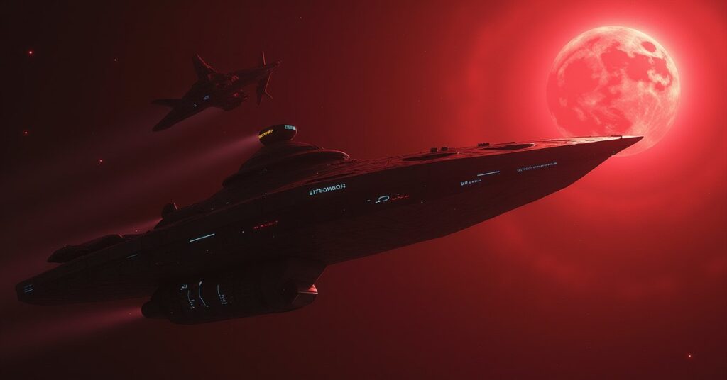 A Klingon warship and a Romulan warbird facing off in a red system in Star Trek Fleet Command