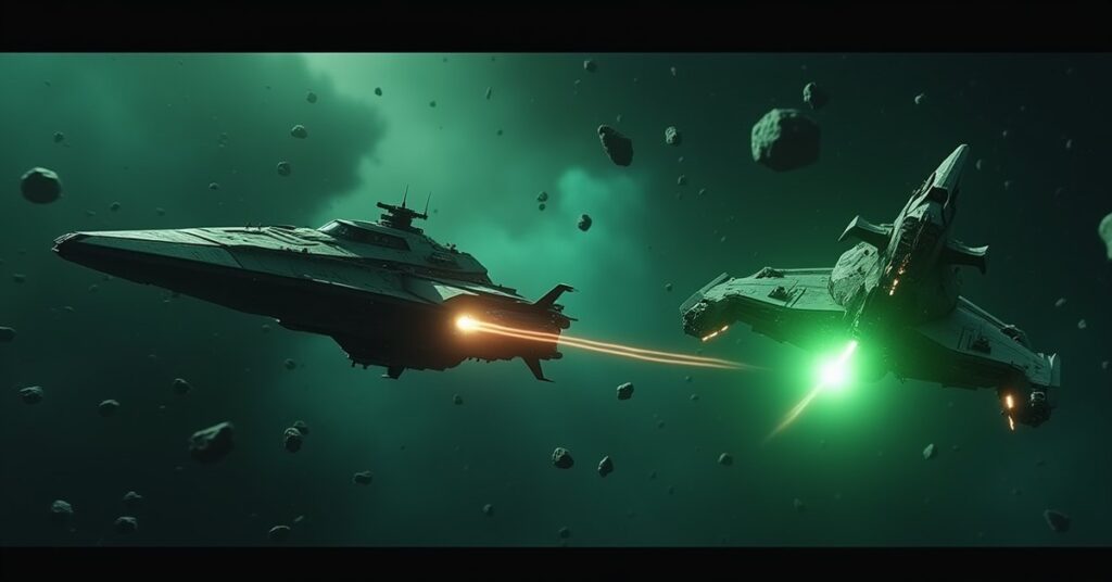 A starship chasing an Orion battleship through an asteroid field in Star Trek Fleet Command