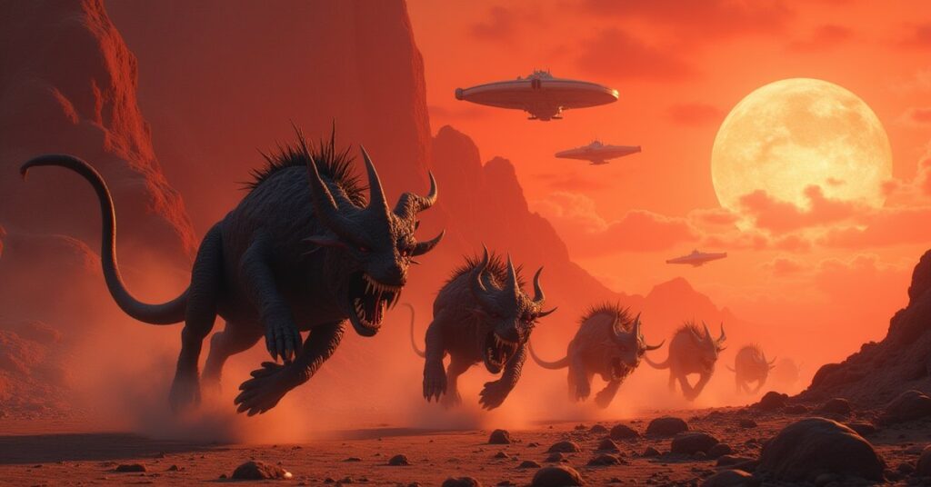 Klingon targs race across a rocky arena while starships clash in orbit in Star Trek Fleet Command