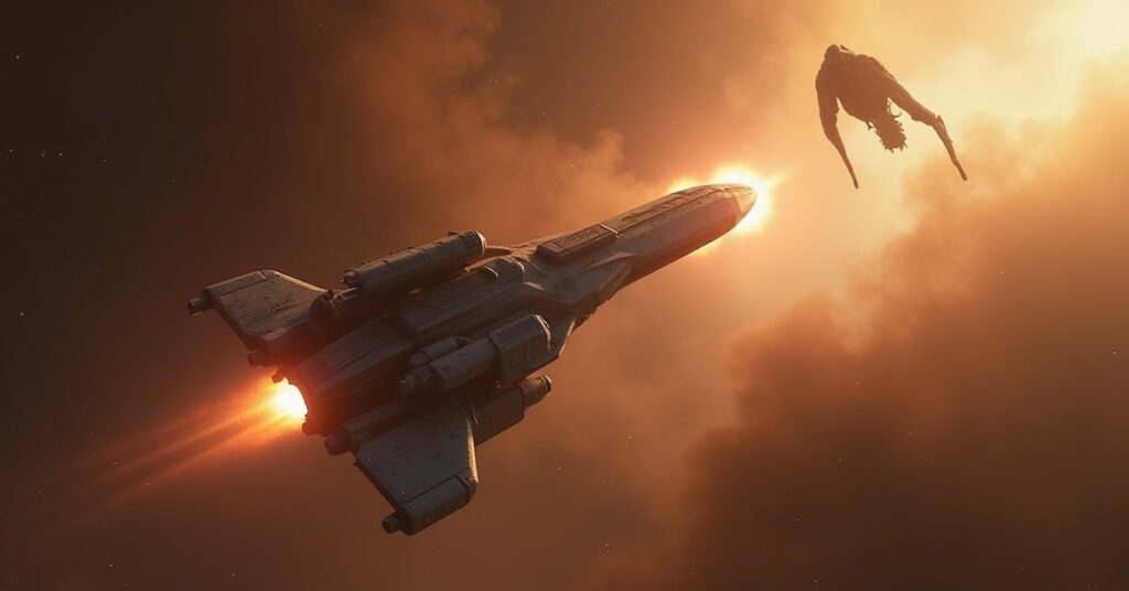 A starship chasing a fleeing alien vessel through a dusty nebula in Star Trek Fleet Command