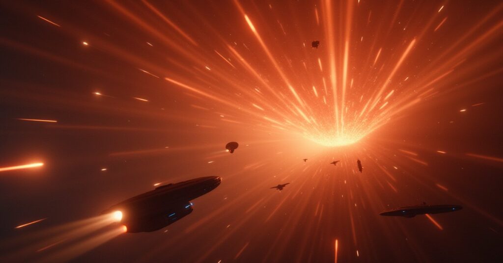 A glowing V'ger armada bearing down on Starfleet and Klingon ships near Alpha Centauri