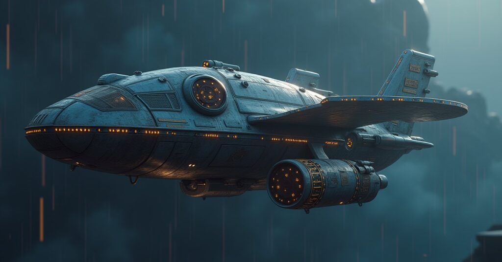 A Romulan shuttle delivering a barrel of blue ale to a merchant freighter in Star Trek Fleet Command