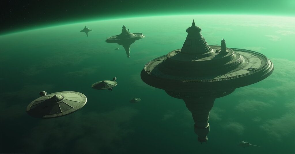 A starship approaching a guarded Romulan facility in orbit in Star Trek Fleet Command